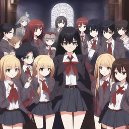 A scene featuring one demon student girl in the center, surrounded by vampire students