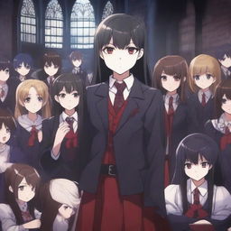 A scene featuring one demon student girl in the center, surrounded by vampire students