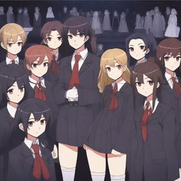 A scene featuring one demon student girl in the center, surrounded by vampire students