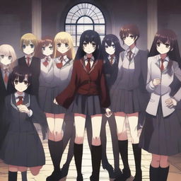 A scene featuring one demon student girl in the center, surrounded by vampire students