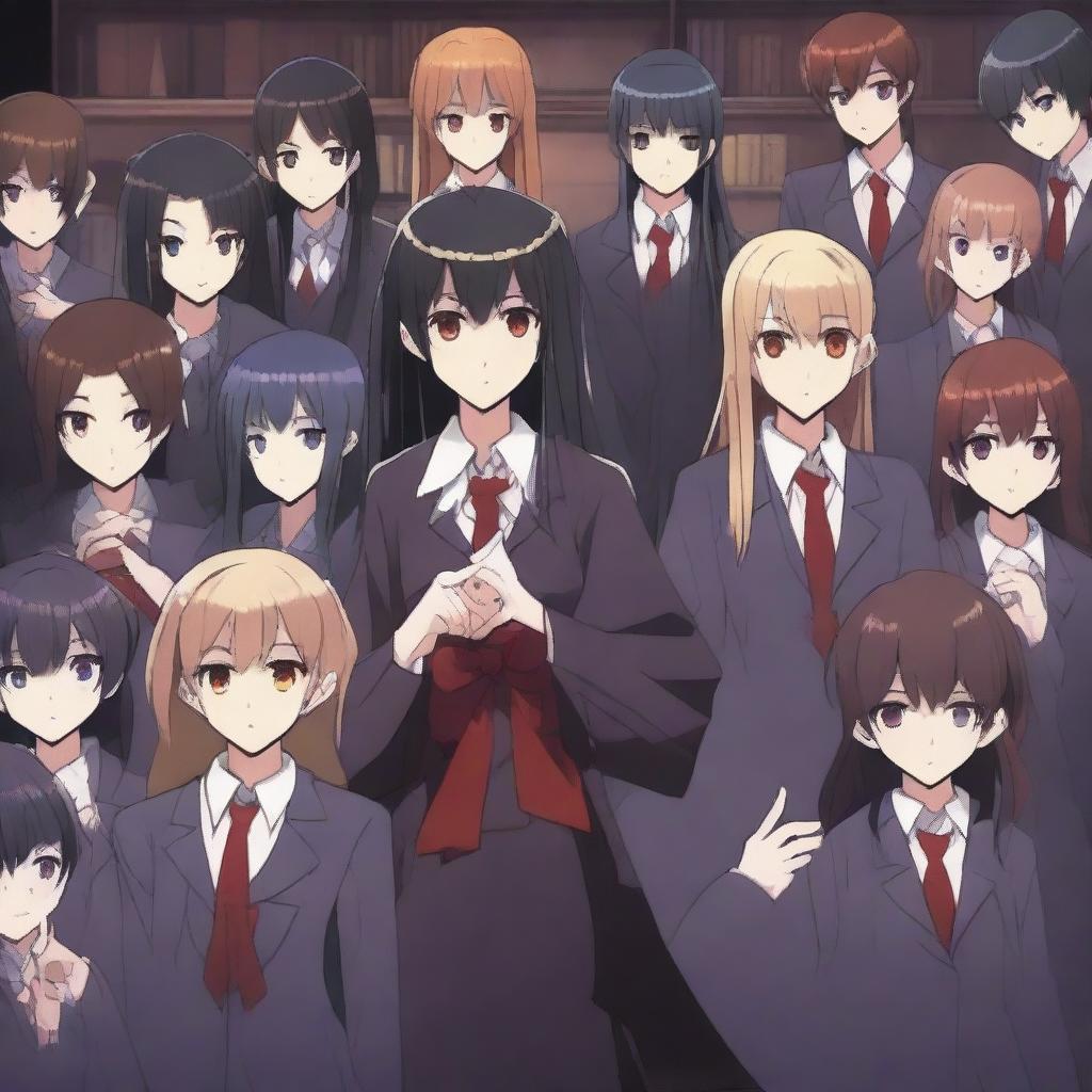 A scene featuring one demon student girl in the center, surrounded by vampire students