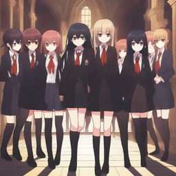 A scene featuring one demon student girl in the center, surrounded by vampire students