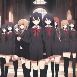 A scene featuring one demon student girl in the center, surrounded by vampire students