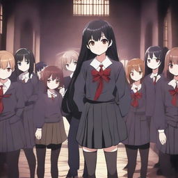 A scene featuring one demon student girl in the center, surrounded by vampire students