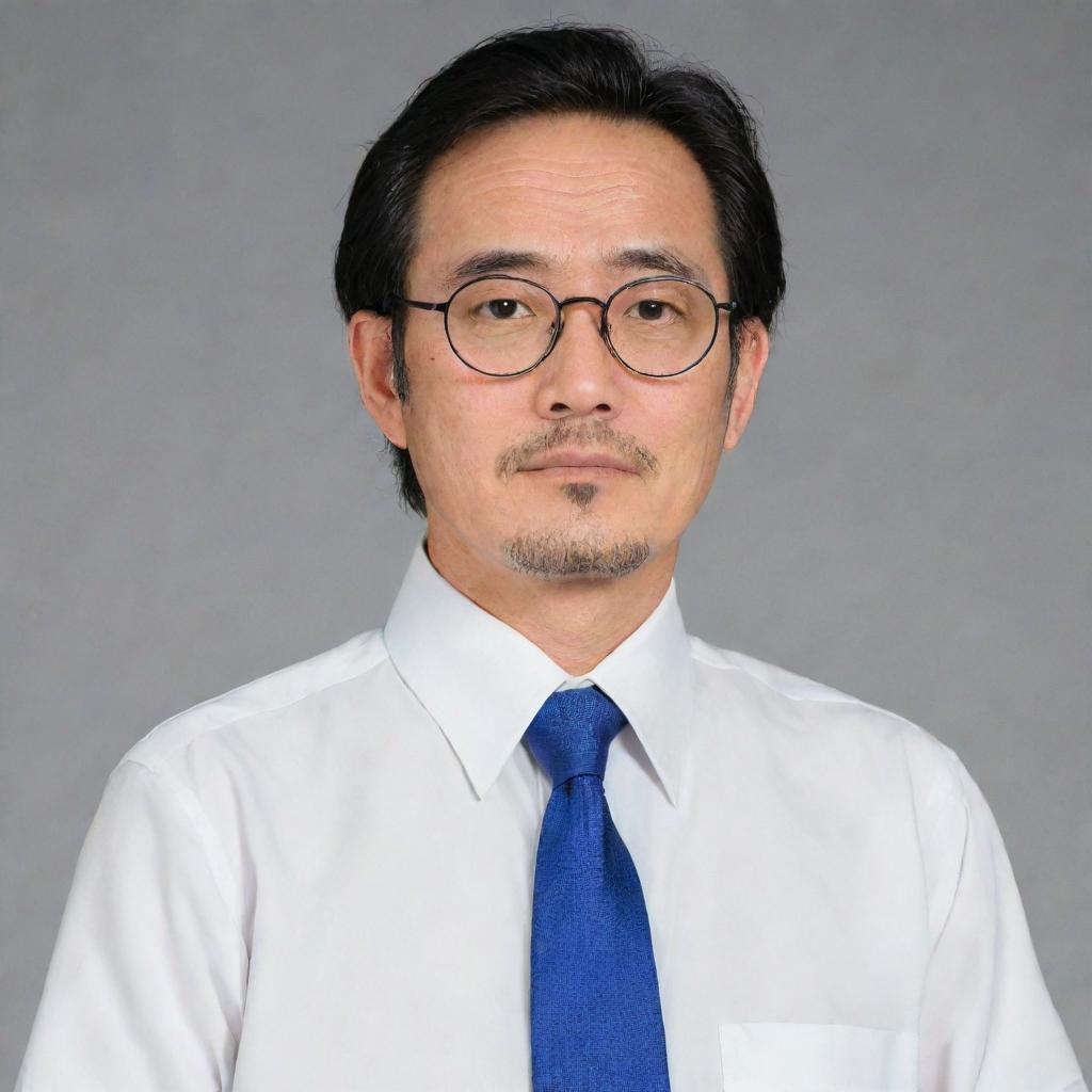 Hiroshi Nohara, Shinchan's father from the Japanese Manga, a character with glasses and scruffy stubble, wearing typical business attire, expressing a tired yet caring demeanor.