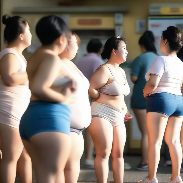 A group of overweight Chinese women wearing mini shorts and underwear shorts are queuing at the pharmacy checkout counter during the golden hour