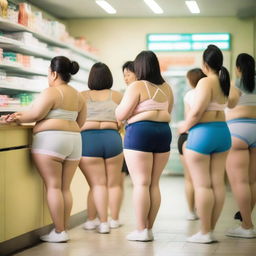 A group of overweight Chinese women wearing mini shorts and underwear shorts are queuing at the pharmacy checkout counter during the golden hour