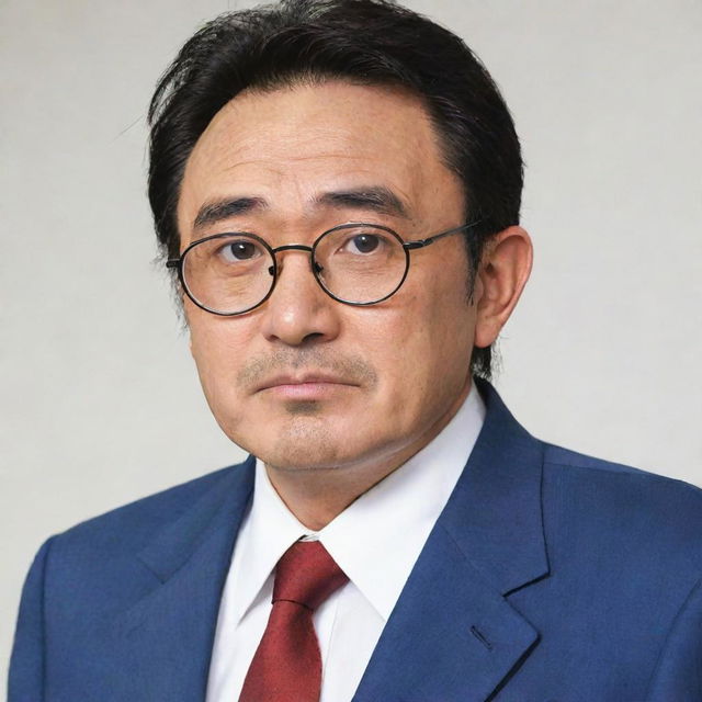 Hiroshi Nohara, Shinchan's father from the Japanese Manga, a character with glasses and scruffy stubble, wearing typical business attire, expressing a tired yet caring demeanor.