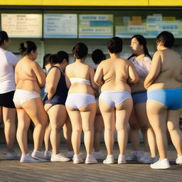 A group of overweight Chinese women wearing mini shorts and underwear shorts are queuing at the pharmacy checkout counter during the golden hour