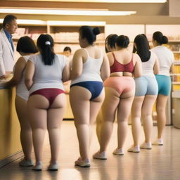 A group of overweight Chinese women wearing mini shorts and underwear shorts are queuing at the pharmacy checkout counter during the golden hour