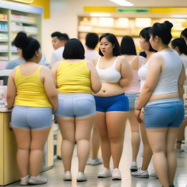 A group of overweight Chinese women wearing mini shorts and underwear shorts are queuing at the pharmacy checkout counter during the golden hour