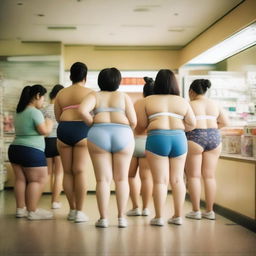 A group of overweight Chinese women wearing mini shorts and underwear shorts are queuing at the pharmacy checkout counter during the golden hour