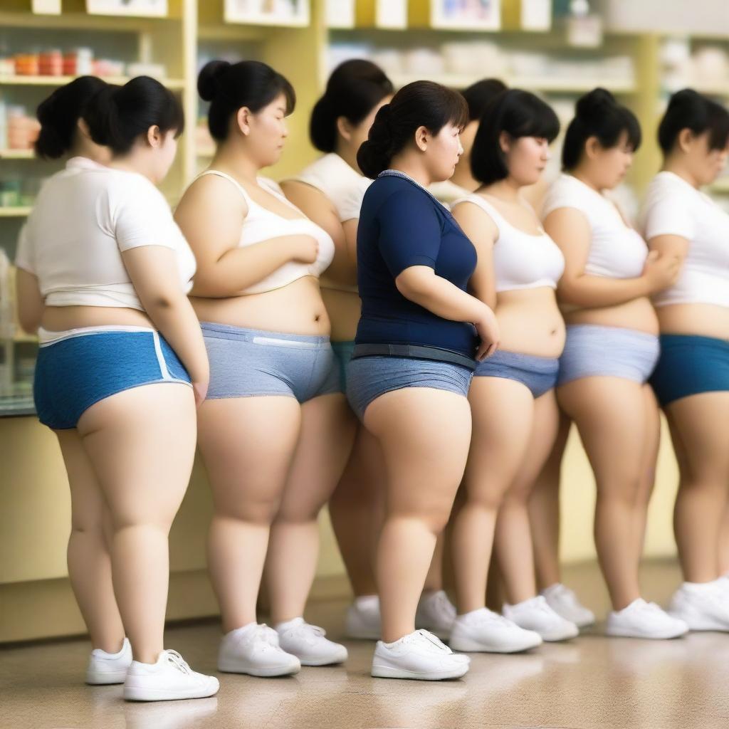 A group of overweight Chinese women wearing mini shorts and underwear shorts are queuing at the pharmacy checkout counter during the golden hour