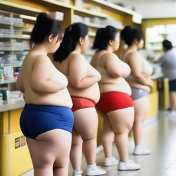 A group of overweight Chinese women wearing mini shorts and underwear shorts are queuing at the pharmacy checkout counter during the golden hour