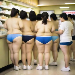 A group of overweight Chinese women wearing mini shorts and underwear shorts are queuing at the pharmacy checkout counter during the golden hour