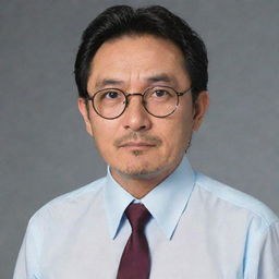 Hiroshi Nohara, Shinchan's father from the Japanese Manga, a character with glasses and scruffy stubble, wearing typical business attire, expressing a tired yet caring demeanor.