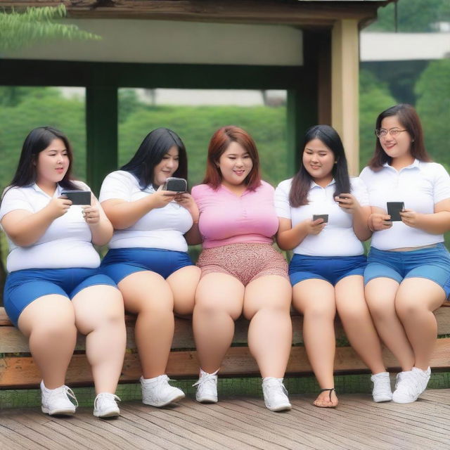 A group of overweight Malay female teachers wearing g-string mini shorts are sitting on a wooden surface and taking pictures