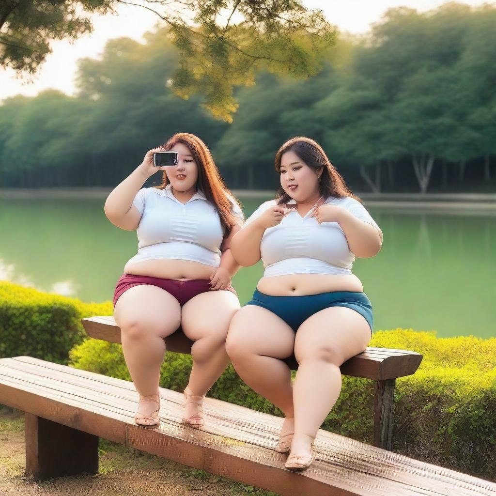 Overweight Malay female teachers wearing g-string mini shorts are sitting and taking pictures on a wooden bench