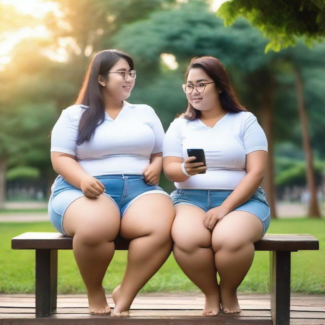 Overweight Malay female teachers wearing g-string mini shorts are sitting and taking pictures on a wooden bench