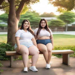 Overweight Malay female teachers wearing g-string mini shorts are sitting and taking pictures on a wooden bench