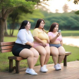 Overweight Malay female teachers wearing g-string mini shorts are sitting and taking pictures on a wooden bench