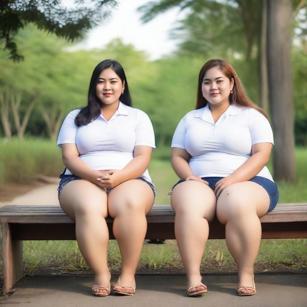 Overweight Malay female teachers wearing g-string mini shorts are sitting and taking pictures on a wooden bench