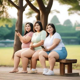 Overweight Malay female teachers wearing g-string mini shorts are sitting and taking pictures on a wooden bench