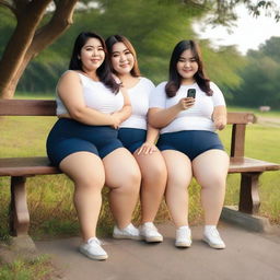 Overweight Malay female teachers wearing g-string mini shorts are sitting and taking pictures on a wooden bench