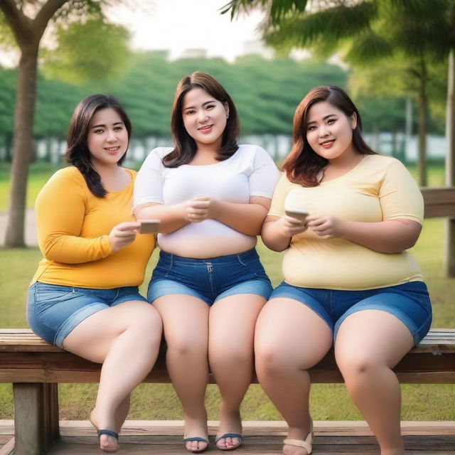 Overweight Malay female teachers wearing g-string mini shorts are sitting and taking pictures on a wooden bench