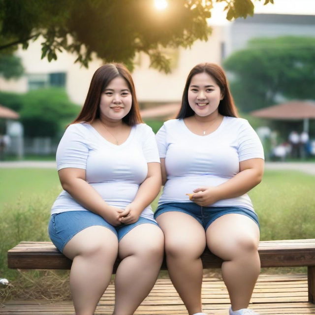 Overweight Malay and Chinese female teachers wearing g-string mini shorts are sitting and taking pictures on a wooden bench