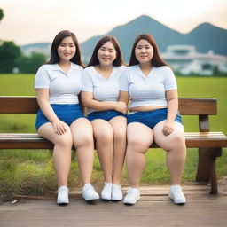 Overweight Malay and Chinese female teachers wearing g-string mini shorts are sitting and taking pictures on a wooden bench