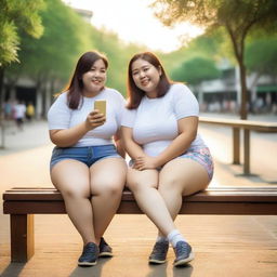 Overweight Malay and Chinese female teachers wearing g-string mini shorts are sitting and taking pictures on a wooden bench