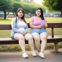 Overweight Malay and Chinese female teachers wearing g-string mini shorts are sitting and taking pictures on a wooden bench