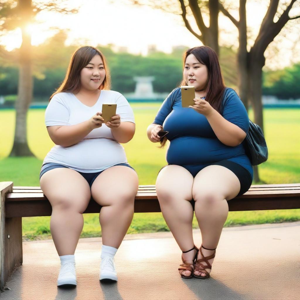 Overweight Malay and Chinese female teachers wearing g-string mini shorts are sitting and taking pictures on a wooden bench