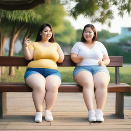 Overweight Malay and Chinese female teachers wearing g-string mini shorts are sitting and taking pictures on a wooden bench