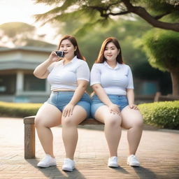 Overweight Malay and Chinese female teachers wearing g-string mini shorts are sitting and taking pictures on a wooden bench