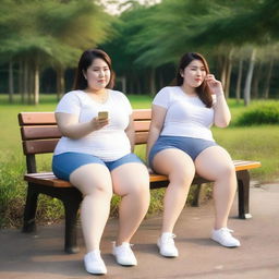 Overweight Malay and Chinese female teachers wearing g-string mini shorts are sitting and taking pictures on a wooden bench