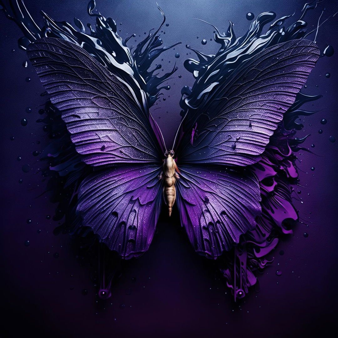 A purple butterfly with holes in its wings on a dark, abstract background with shades of black, dark blues, and deep purples.