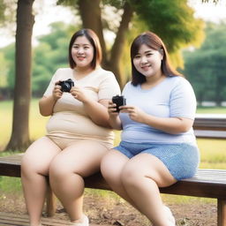 Overweight Malay and Chinese female teachers wearing g-string mini shorts are sitting and taking pictures on a wooden bench