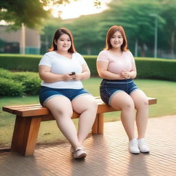 Overweight Malay and Chinese female teachers wearing g-string mini shorts are sitting and taking pictures on a wooden bench