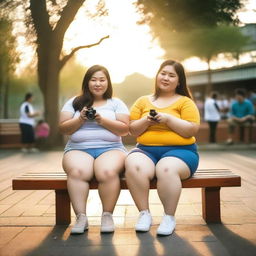 Overweight Malay and Chinese female teachers wearing g-string mini shorts are sitting and taking pictures on a wooden bench