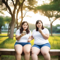 Overweight Malay and Chinese female teachers wearing g-string mini shorts are sitting and taking pictures on a wooden bench