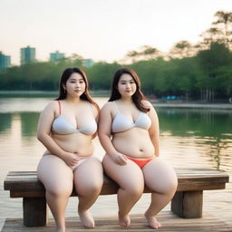 Overweight Malay and Chinese female teachers wearing g-string mini bikinis are sitting and taking pictures on a wooden bench