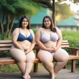 Overweight Malay and Chinese female teachers wearing g-string mini bikinis are sitting and taking pictures on a wooden bench