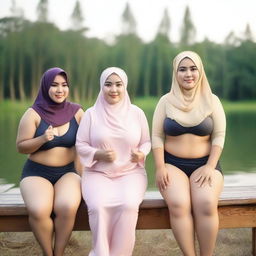 Overweight Malay female teachers wearing hijabs and g-string mini bikinis are sitting and taking pictures on a wooden bench