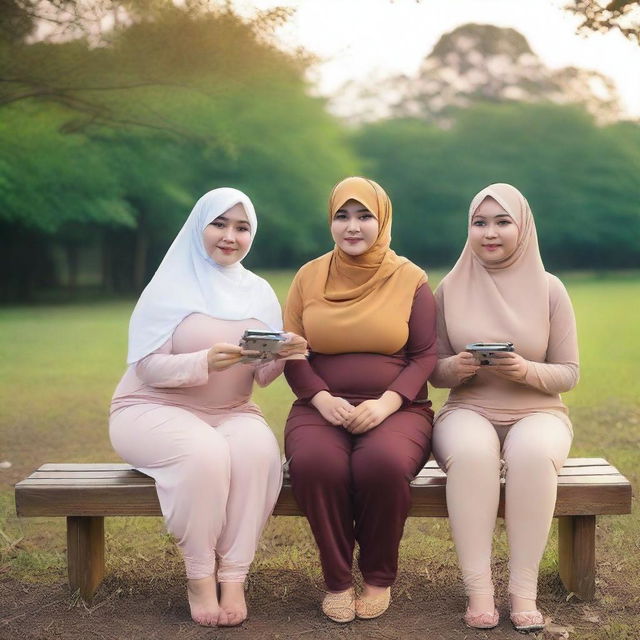 Overweight Malay female teachers wearing hijabs and g-string mini bikinis are sitting and taking pictures on a wooden bench