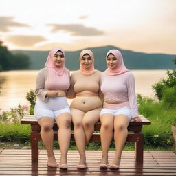 Overweight Malay female teachers wearing hijabs and g-string mini bikinis are sitting and taking pictures on a wooden bench