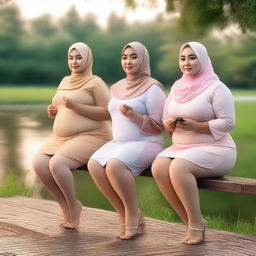 Overweight Malay female teachers wearing hijabs and g-string mini bikinis are sitting and taking pictures on a wooden bench