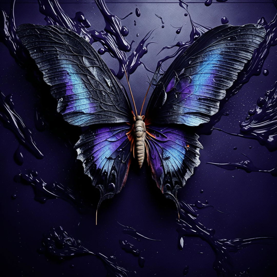 A purple butterfly with ripped wings and holes, set against a dark, abstract background with shades of black, dark blues, and deep purples