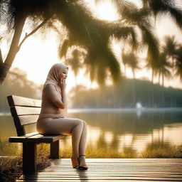 Overweight 50-year-old Malay woman wearing a hijab and a g-string mini bikini is sitting and taking pictures on a wooden bench